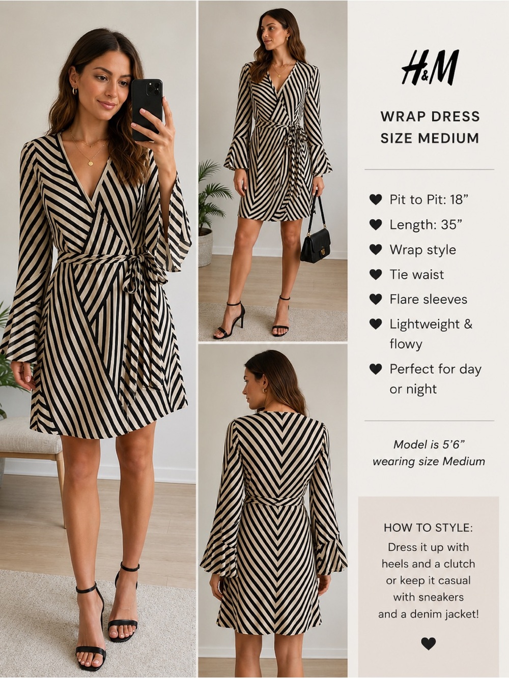 H&M Black & Cream Geometric Stripe Wrap Dress | Size Medium
